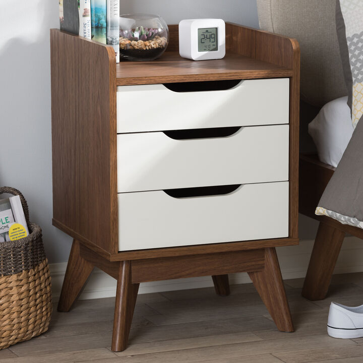 Baxton Studio Brighton Mid Century Modern White And Walnut Wood 3 Drawer Storage Nightstand