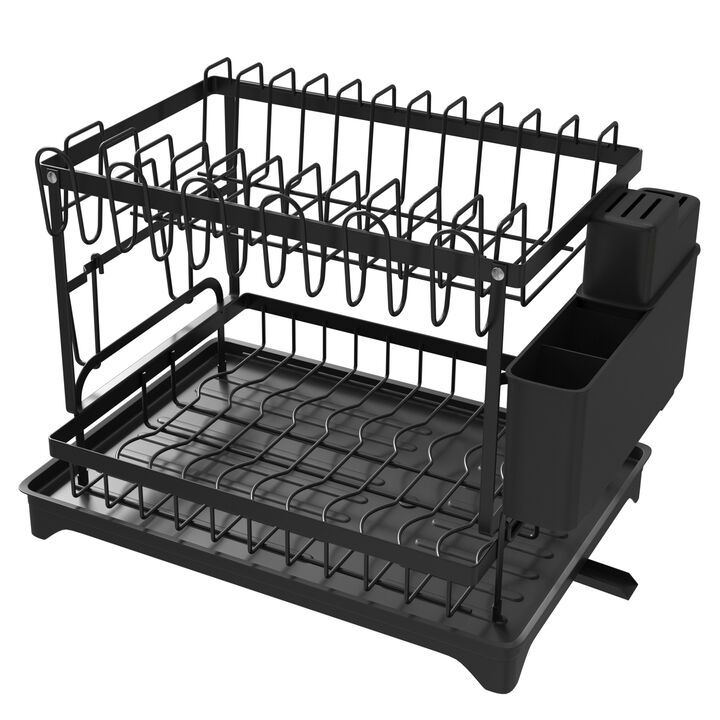 2-Tier Dish Rack Set White,Foldable Dish Drainer Metal Utensil Holder Drainage
