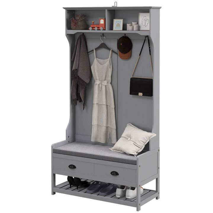 Gray 3-in-1 Hall Tree: Coat Rack, Shoe Rack, Storage Drawers