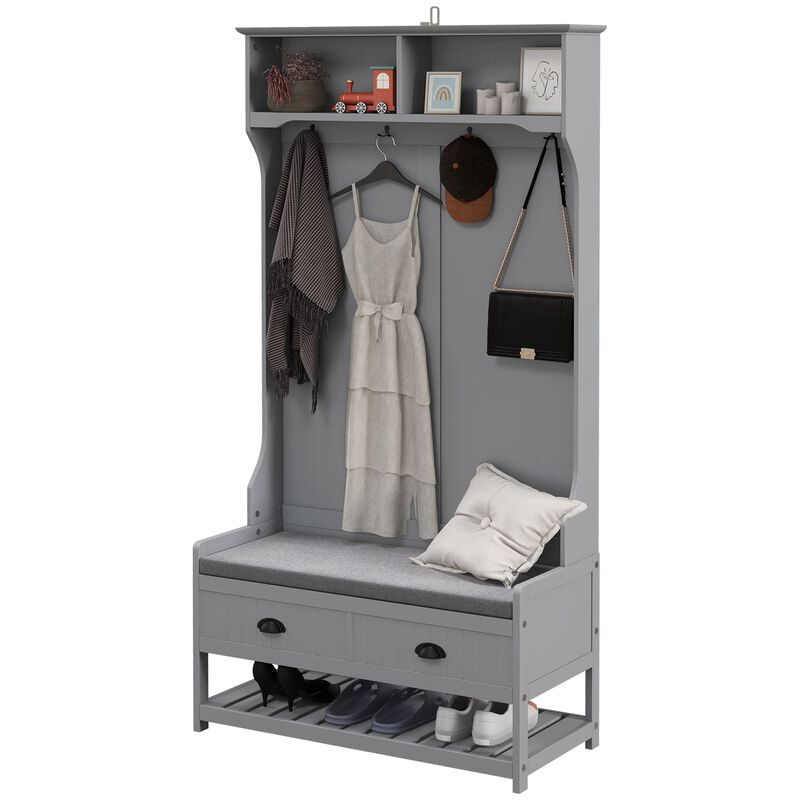 Gray 3-in-1 Hall Tree: Coat Rack, Shoe Rack, Storage Drawers