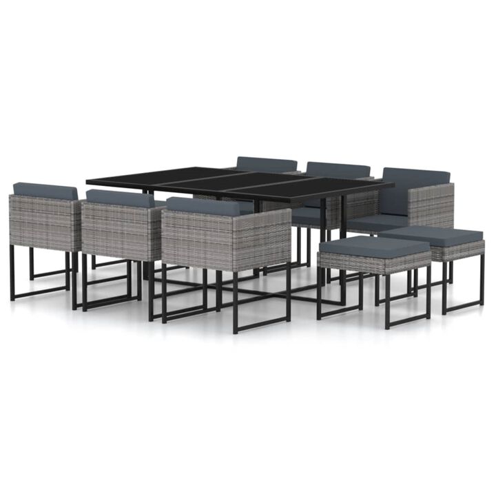 vidaXL 11 Piece Garden Dining Set with Cushions Poly Rattan Gray