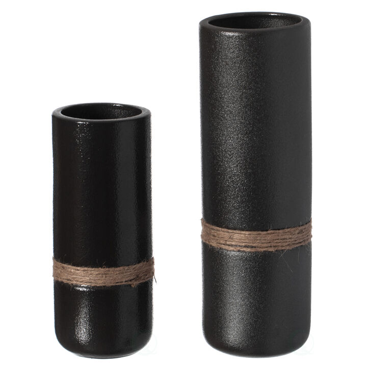 Decorative Modern Ceramic Cylinder Shape Table Vase Flower Holder with Rope, Black Set of 2