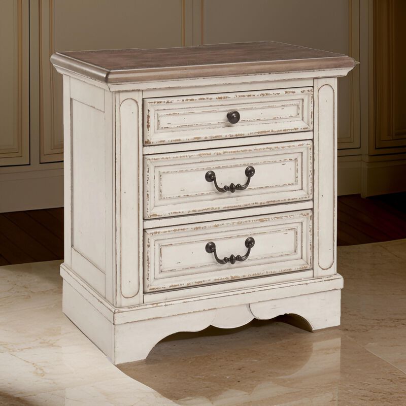 Beny 27 Inch Nightstand with 3 Drawers, Black Handles, White Wood Finish - Benzara