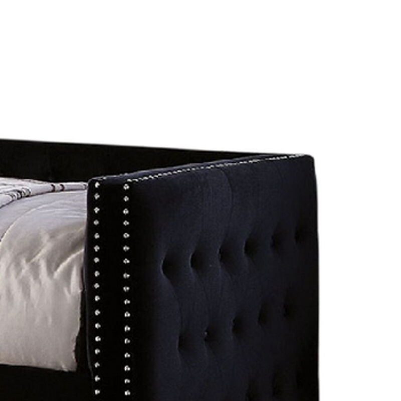 Suzo Daybed with Trundle, Black Flannelette Upholstery, Nailhead Trim - Benzara