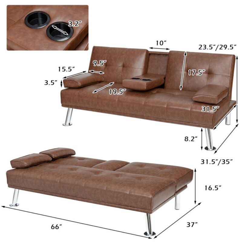 Hivvago Convertible Folding Leather Futon Sofa with Cup Holders and Armrests