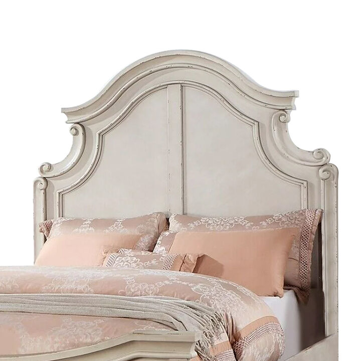 Bev Classic Queen Size Bed with Scalloped and Trimmed Design, Cream White - Benzara