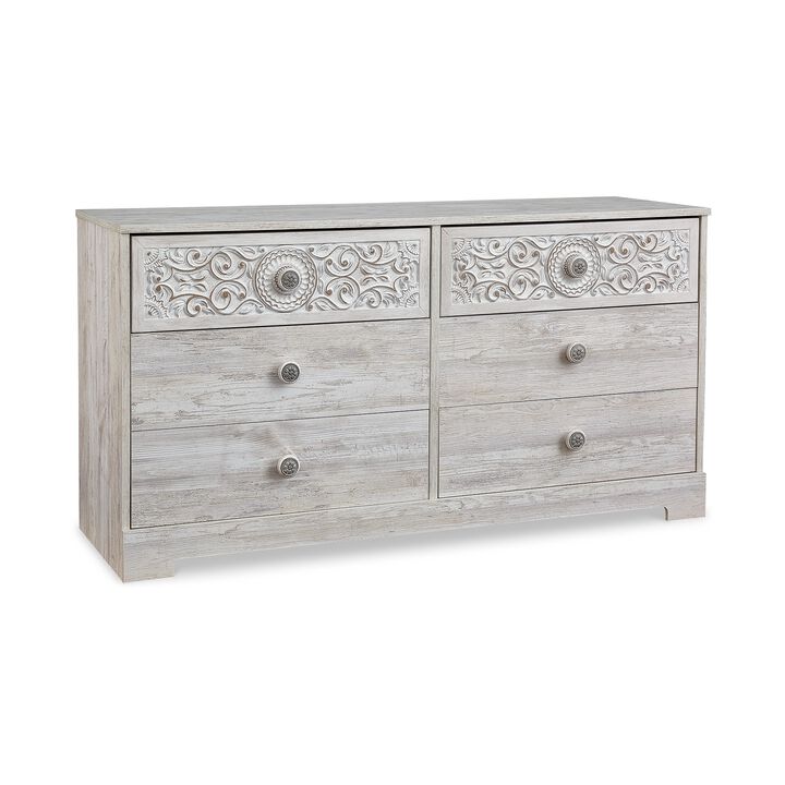 59 Inch Dresser, 6 Drawers, Medallion Design Front, Whitewashed MDF Frame-Benzara