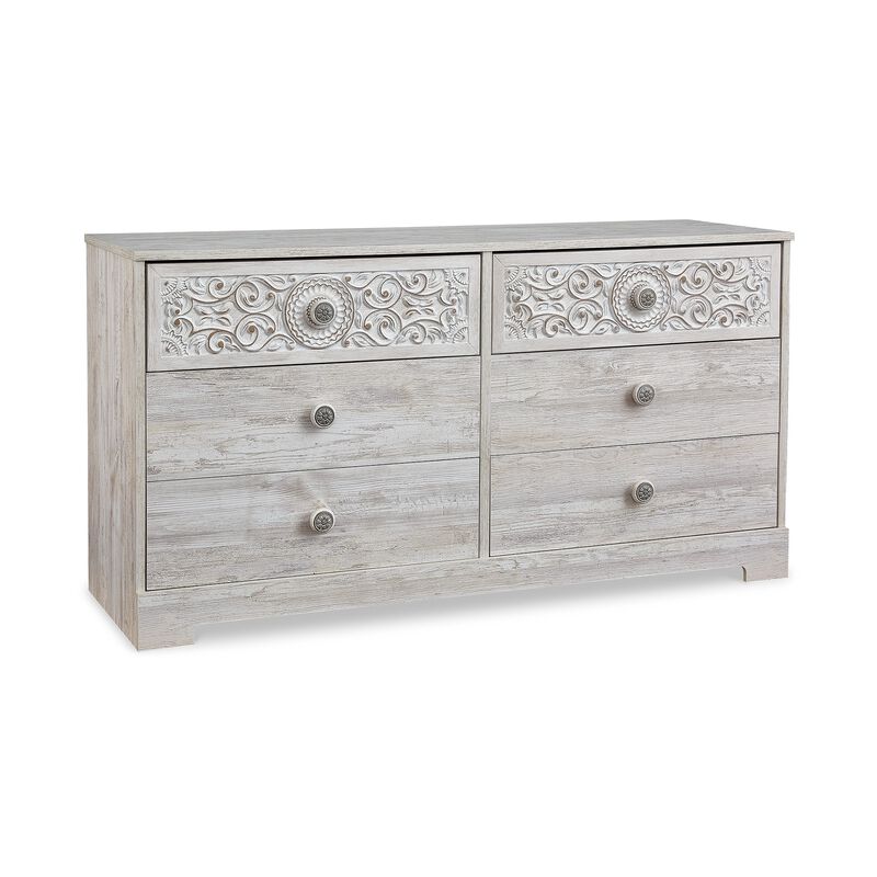 59 Inch Dresser, 6 Drawers, Medallion Design Front, Whitewashed MDF Frame-Benzara