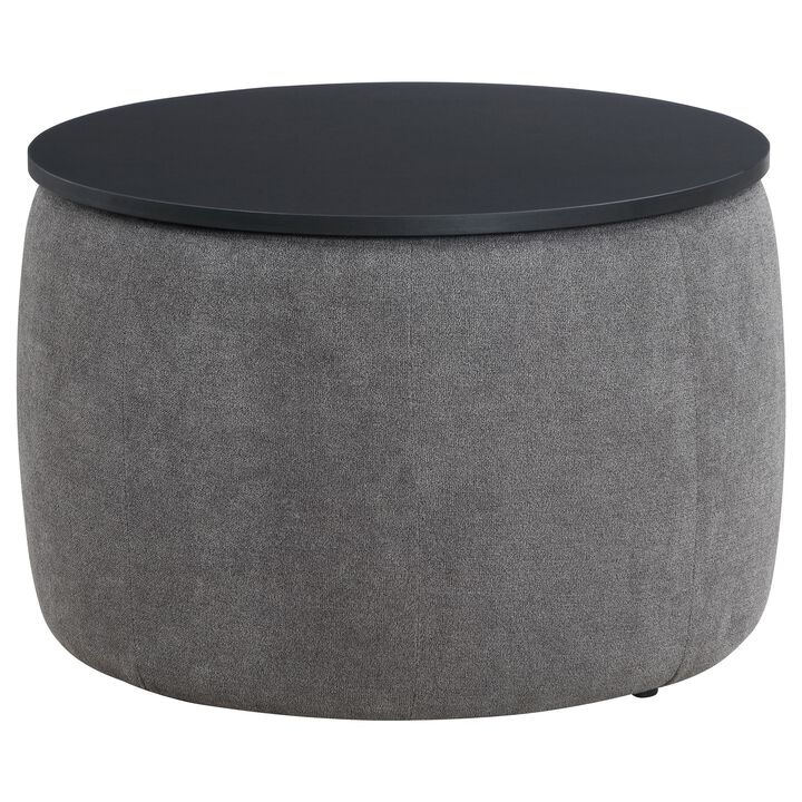 Soi 30 Inch Storage Ottoman table, Black Round Top Lift, Gray Chenille  - Benzara