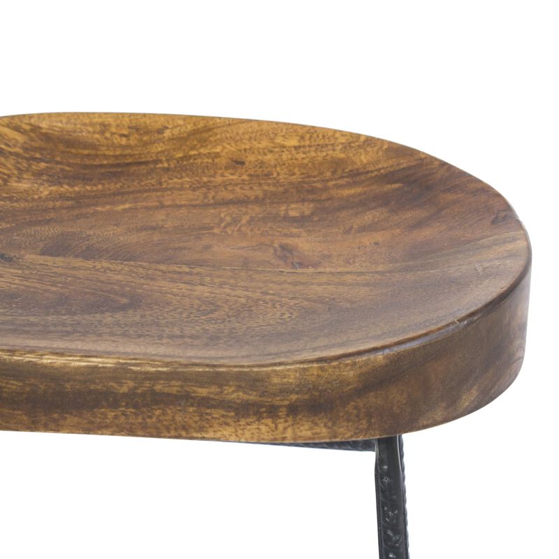 28 Inch Bar Stool with Mango Wood Saddle Seat, Iron Rod Legs, Brown and Black-Benzara