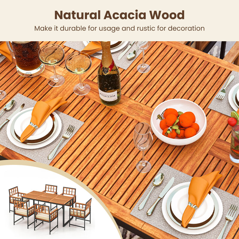 7 Pieces Patio Acacia Wood Dining Set with Soft Cushions and Umbrella Hole