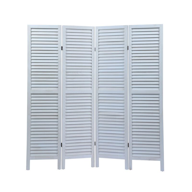 Sycamore Wood 4 Panel Screen Folding Louvered Room Divider Old White