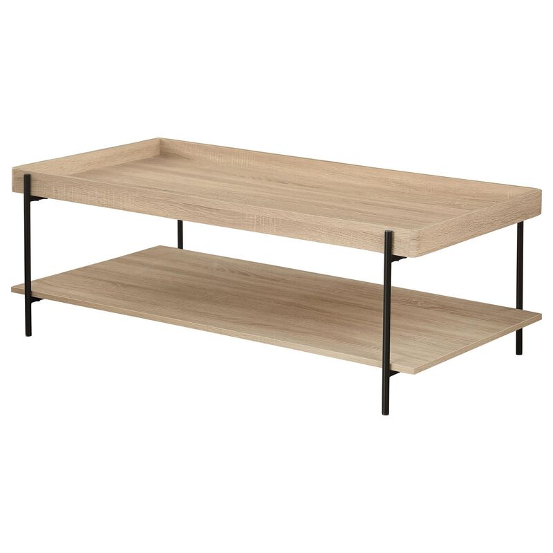 Allen Coffee Table, Tray Top, Shelf 47 Inch Brown Wood, Black Metal - Benzara