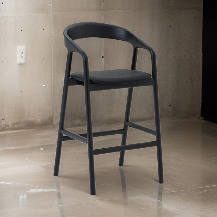 Agas Bar Stool Chair, Curved Back, Faux Leather Upholstery, Black Oak Wood - Benzara