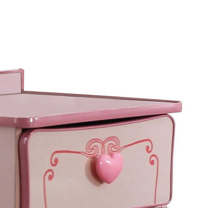 2 Drawer Wooden Nightstand with Heart Knob Pulls, Pink-Benzara
