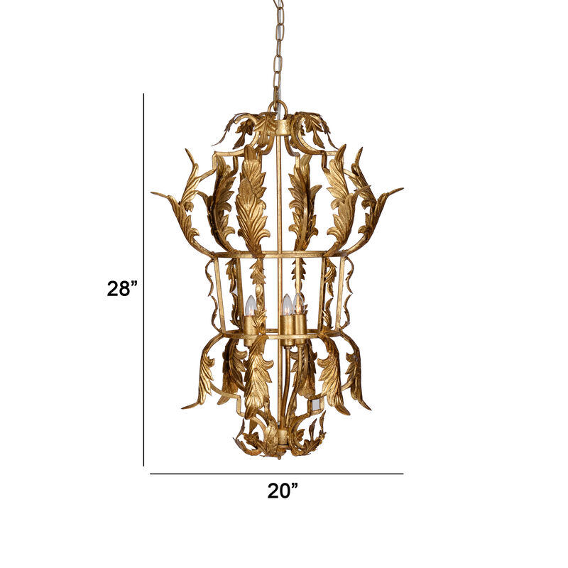 20 Inch Luxury Grade 3 Light Chandelier, Acanthus Leaf, Metal Gold Finish-Benzara