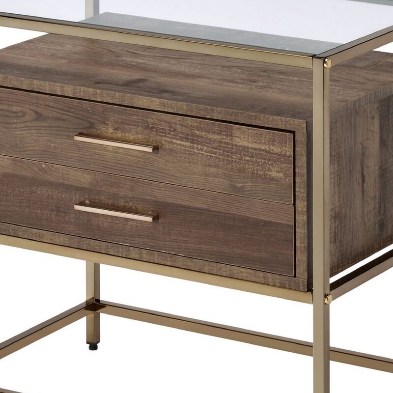 Accent Table with 2 Drawers and Metal Frame Glass Top, Brown and Gold - Benzara