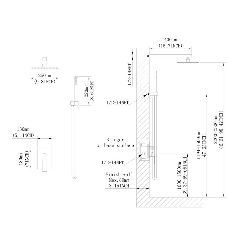 Complete Luxury Rain Shower Combo Set, Wall Mounted Mixer Shower Head for Bathroom