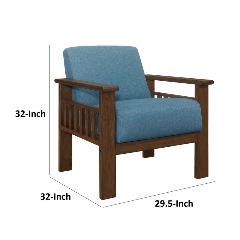 Bella 32 Inch Accent Chair Armchair, Storage Arms, Blue, Solid Rubberwood - Benzara