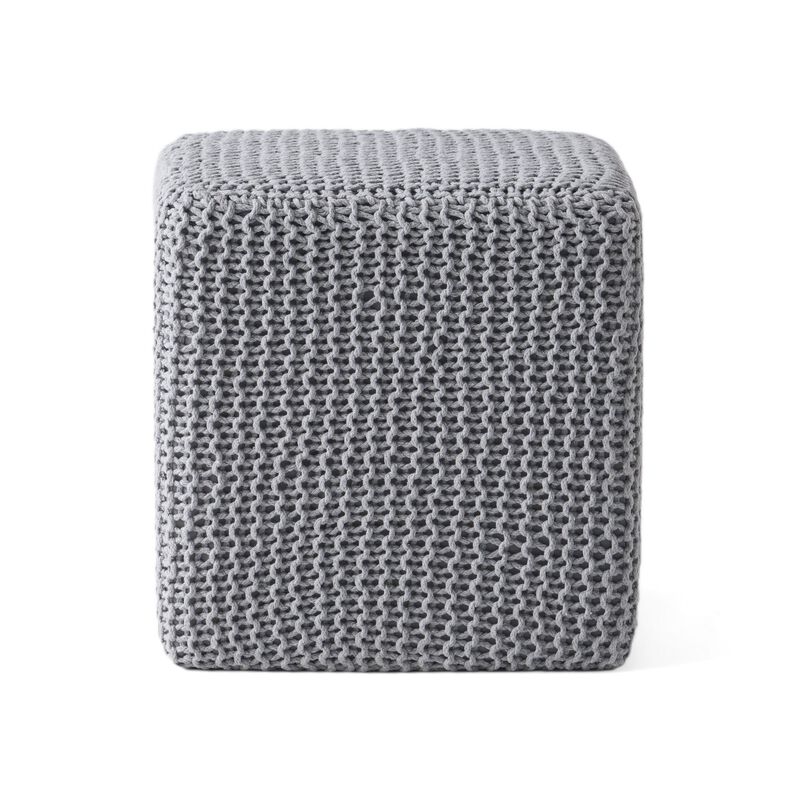 Square Knitted Footstool Ottoman, Handwoven Design 17 Inch Gray Cotton - Benzara