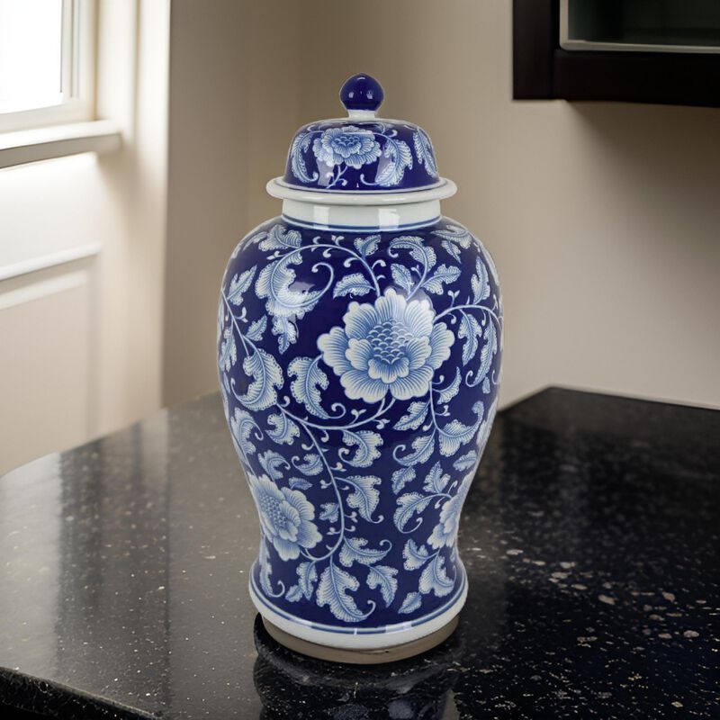 21 Inch Temple Ginger Jar, Blue, White Floral Print, Lid, Ceramic Pottery - Benzara