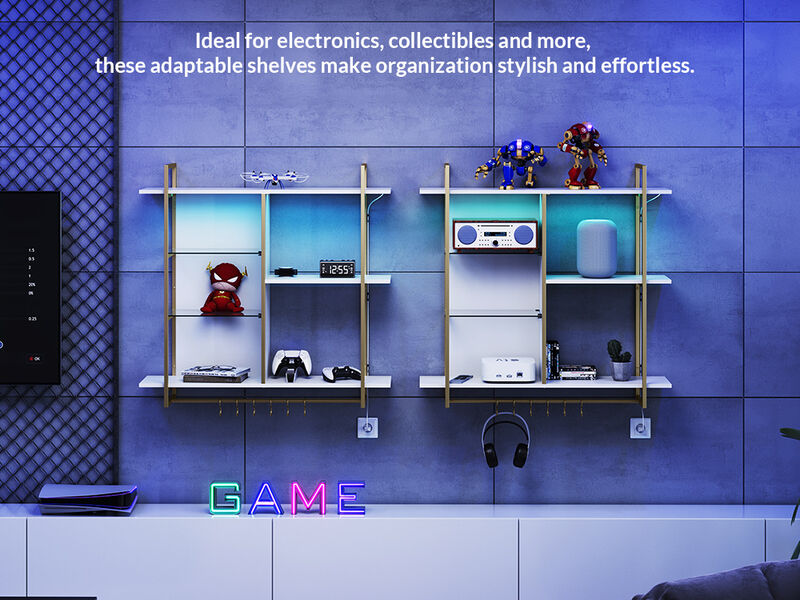 BELLEZE Floating Shelves for Wall with Lights, 40" LED Wall Mounted floating Shelves for Bathroom, Kitchen, Bedroom, Hanging Display Rack Bookshelf with 6 Hooks, Floating Bar Shelves Gaming Room Decor
