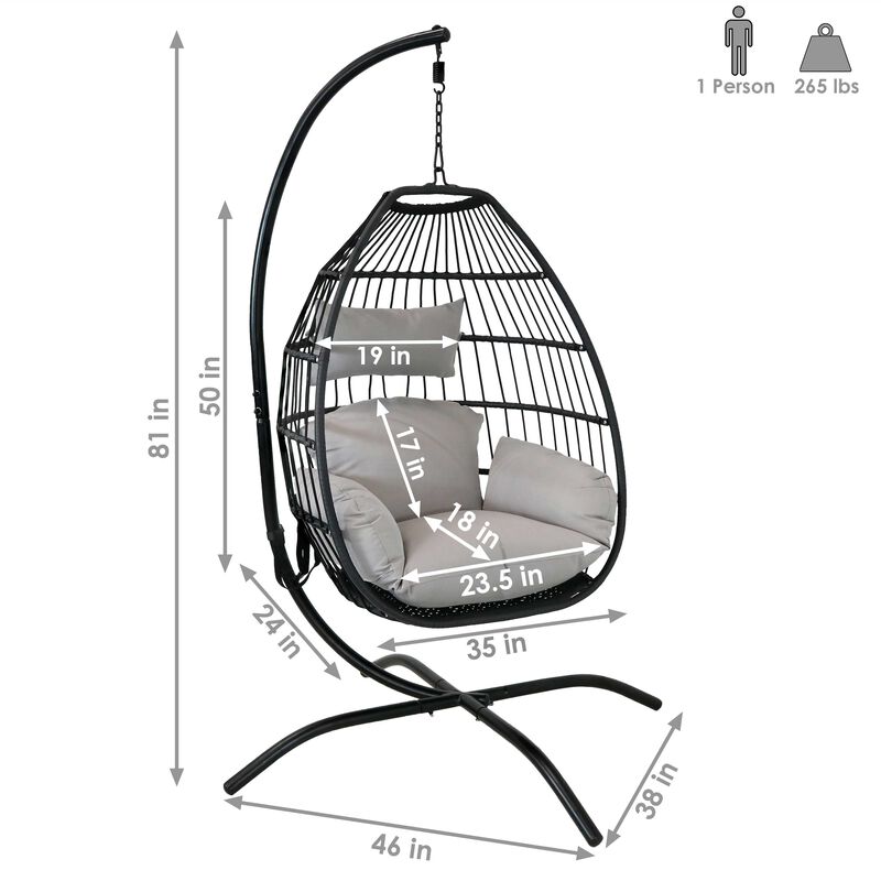 Sunnydaze Resin Wicker Hanging Egg Chair with Steel Stand/Cushions - Gray