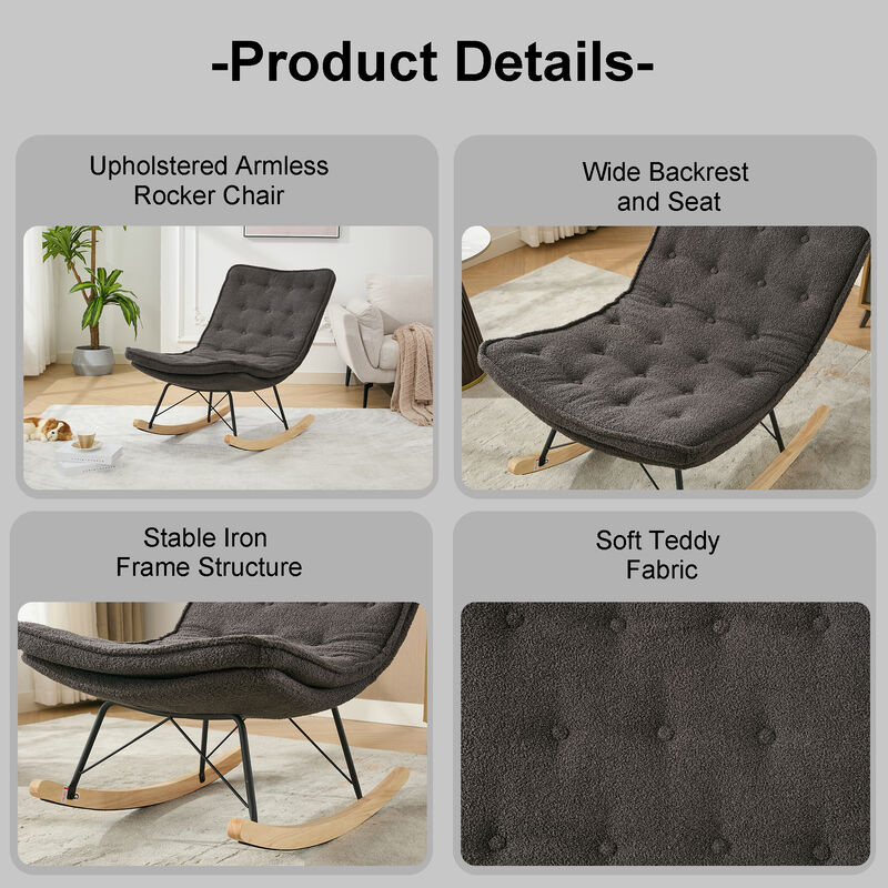 Ergonomic Wood Base Rocking Chair: Upholstered Armless Design for Relaxation GREY