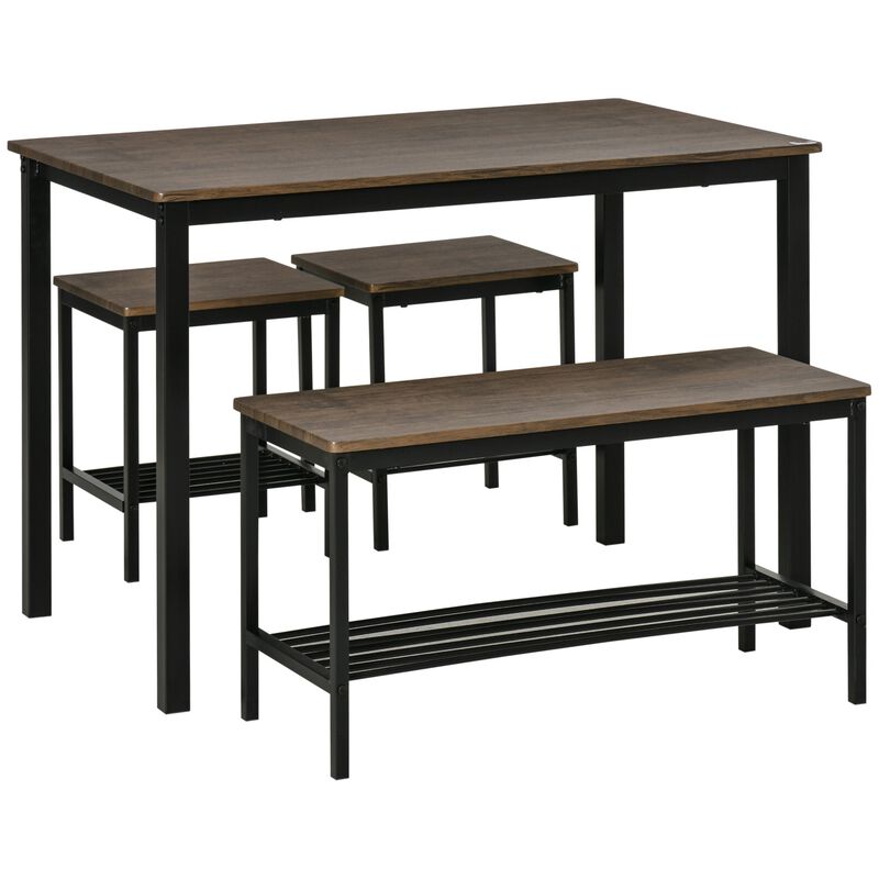 Rustic Dining Ensemble: 4-Person Industrial Set with Bench Storage
