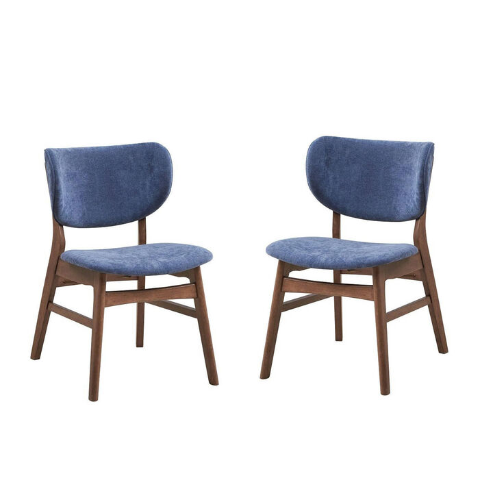 Evis 23 Inch Side Dining Chair Set of 2, Walnut Brown, Soft Blue Fabric - Benzara