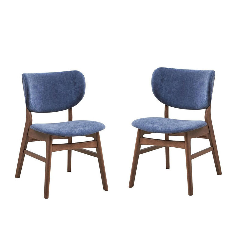 Evis 23 Inch Side Dining Chair Set of 2, Walnut Brown, Soft Blue Fabric - Benzara