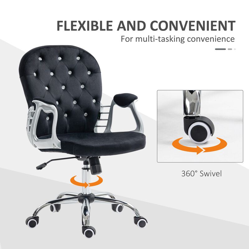 Black Velvet Office Chair: Button Tufted, Adjustable, Swivel