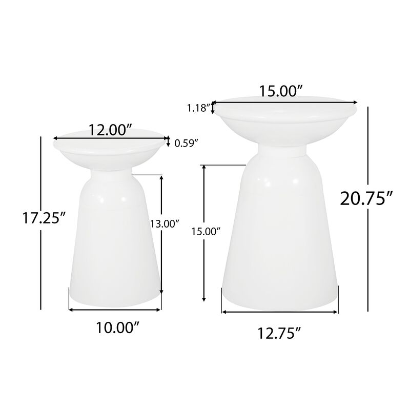 Suma Outdoor Side End Table Set of 2, Round Top, Pedestal, White Iron - Benzara
