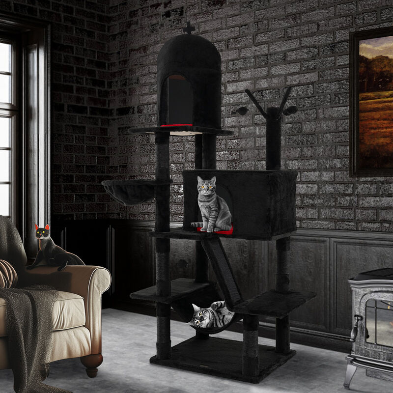 Gothic Cat Tree with 2 Cat Condos and Spooky Dangling Ball for Indoor Cats