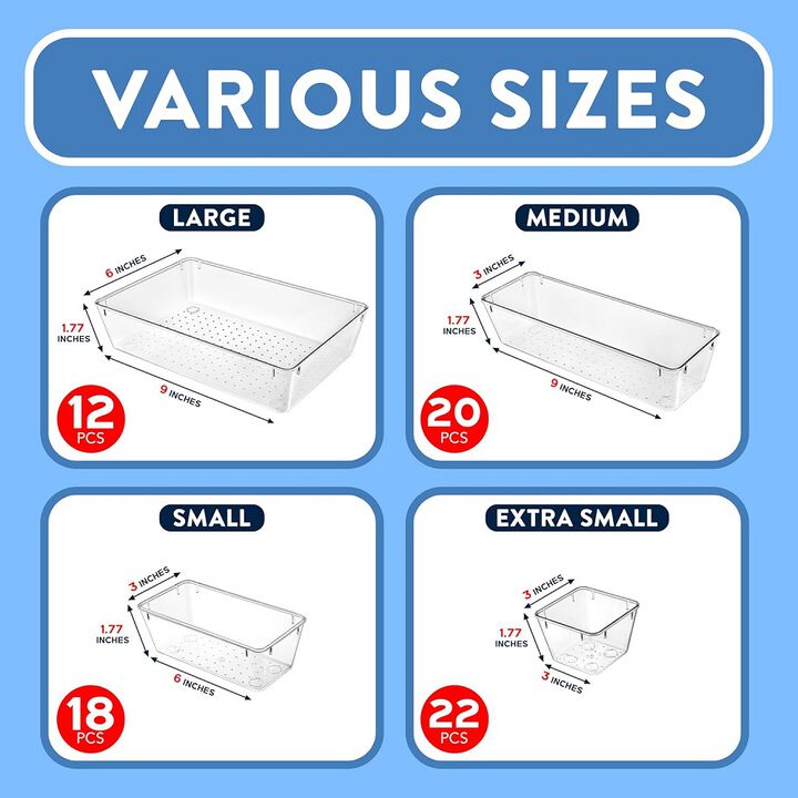 Drawer Organizer Set - Includes 12-piece 9x6 bins, 20-piece 9x3 bins, 18-piece 6x3 Bins, 22-piece 3x3 Bins, Stackable Storage Trays for Makeup, Kitchen, and Office, 72 Pack