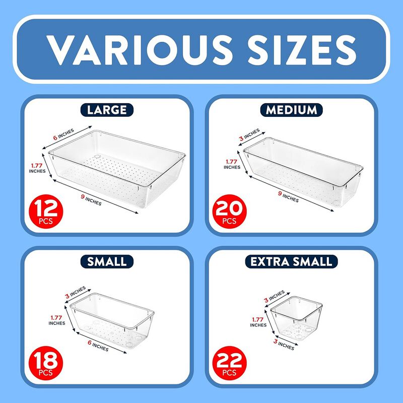 Drawer Organizer Set - Includes 12-piece 9x6 bins, 20-piece 9x3 bins, 18-piece 6x3 Bins, 22-piece 3x3 Bins, Stackable Storage Trays for Makeup, Kitchen, and Office, 72 Pack