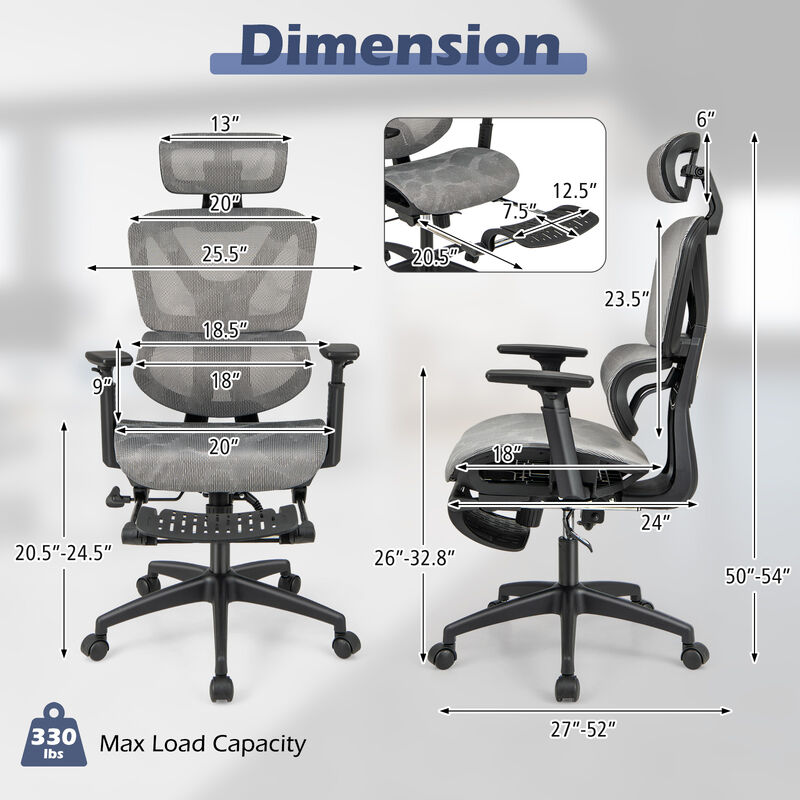 Mesh Office Chair with Tilting Backrest and Retractable Footrest-Grey