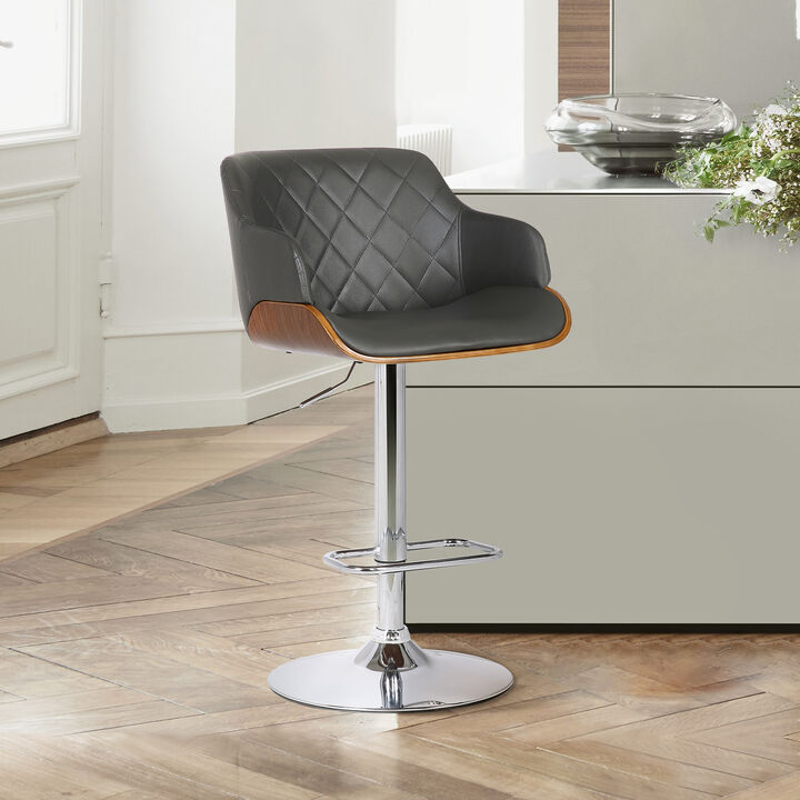 Toby Black Faux Leather Adjustable Height Swivel Walnut Wood and Chrome Stool