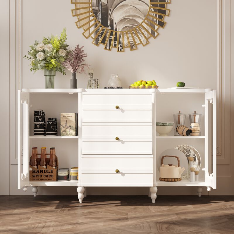 FUFU&GAGA Modern White MDF Storage Cabinet – 3 Spacious Drawers & 2 Glass-Door Compartments, Cylindrical Legs (59.1" W x 15.7" D x 35.4" H), White