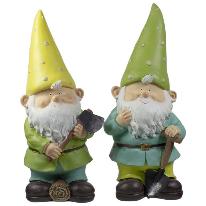 Set of 2 Green and Yellow Gnome Outdoor Garden Statues 12.25"