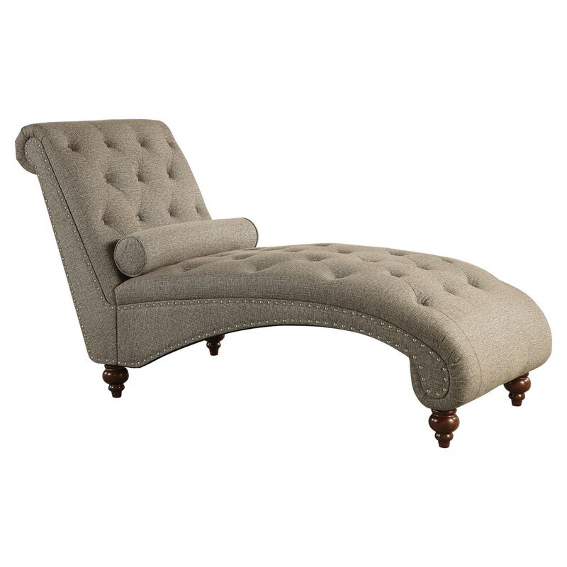 Amey 69 Inch Chaise Lounger, Solid Wood, Rolled Button Tufted Gray Fabric - Benzara
