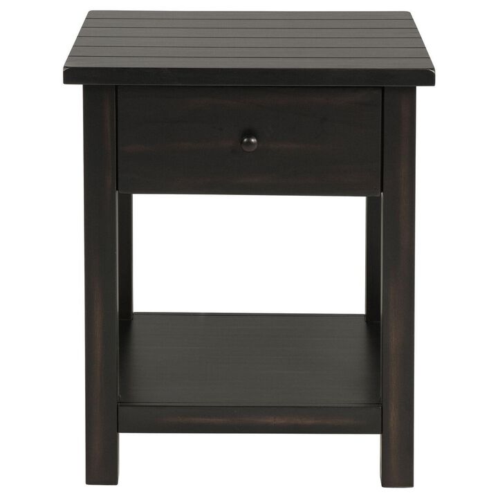 Ayne Side End Table, 1 Shelf, 1 Drawer, Black Wood, Square 20 Inch - Benzara