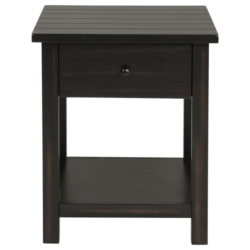 Ayne Side End Table, 1 Shelf, 1 Drawer, Black Wood, Square 20 Inch - Benzara