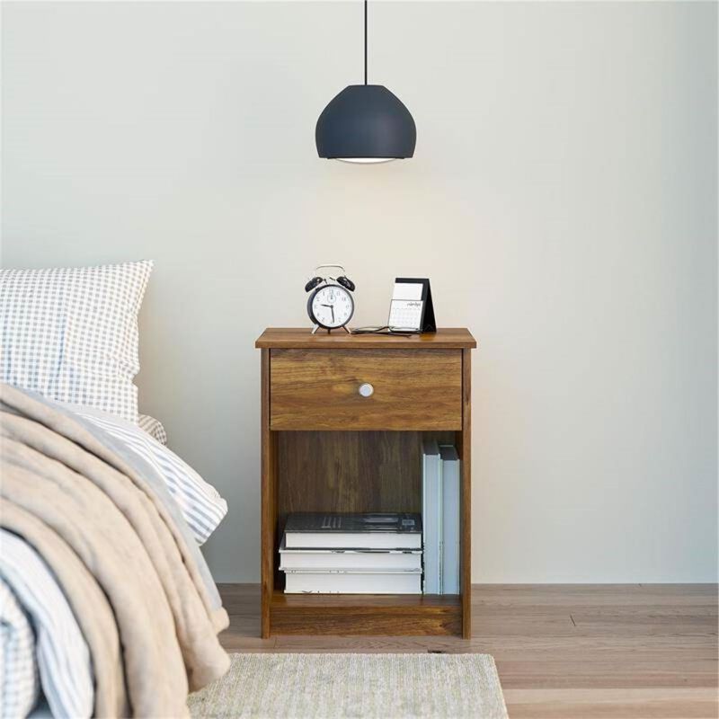 Hivvago Rusic Brown Oak Farmhouse 1-Drawer Bedroom Nighstand with Open Shelf