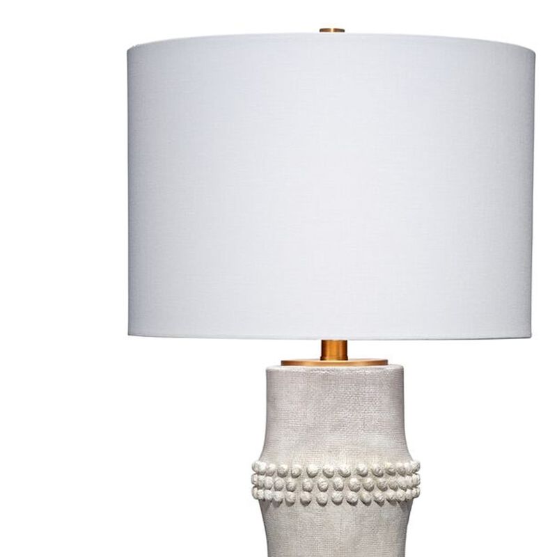 Lemy 28 Inch Table Lamp, Round Linen Drum Shade, Dotted White Base - Benzara