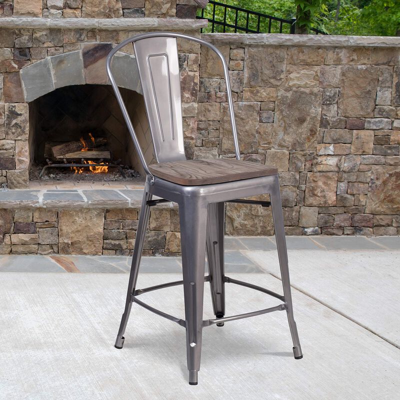 Flash Furniture 24" High Clear Coated Counter Height Stool with Back and Wood Seat