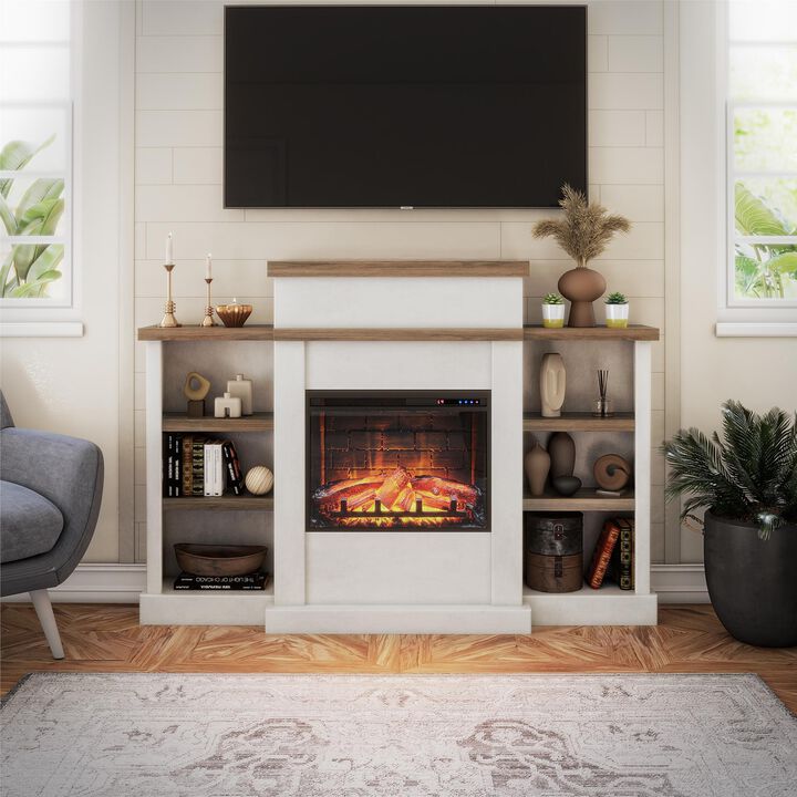 Gateswood Electric Fireplace with Mantel and Bookcase, Plaster and Walnut