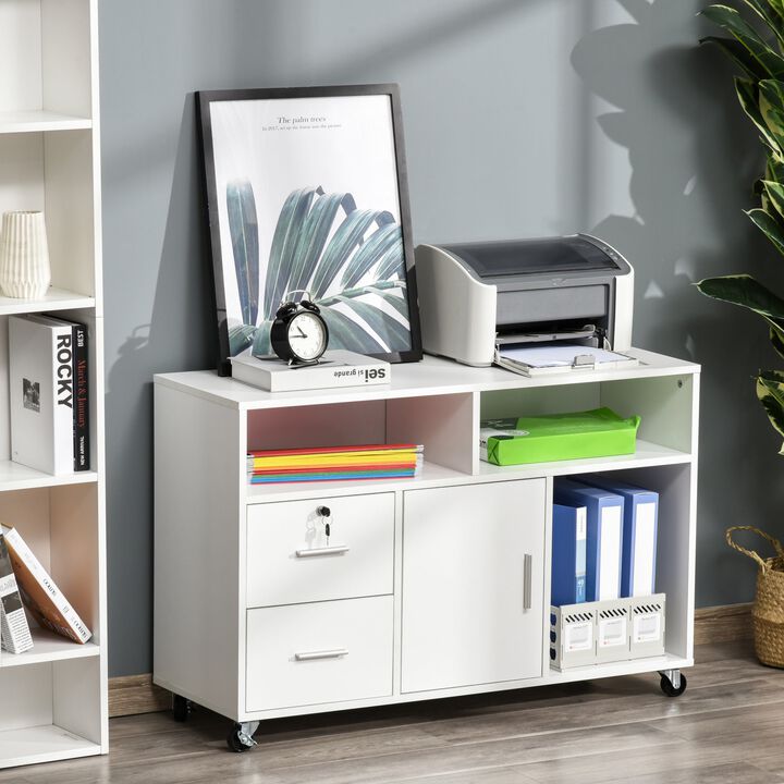 White Office Assistant: Mobile Printer Stand with Drawer and Wheels