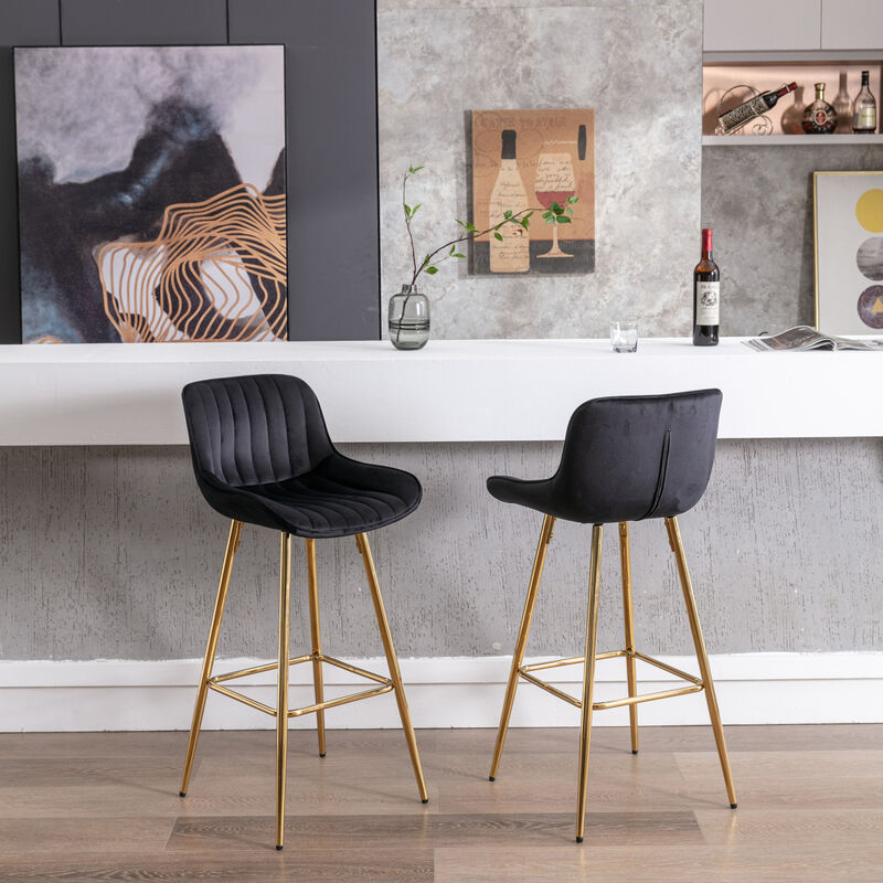 30 inch Set of 2 Bar Stools, with Chrome Footrest Velvet Fabric Counter Stool Golden Leg Simple High Bar Stool, black