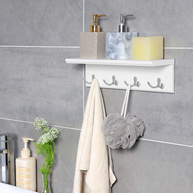 Entryway Hanging Coat Rack, with 4 Double Hooks, Wall Floating Shelf, White